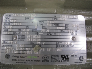 MOTOR, ELECTRIC TYPE, 30 HORSEPOWER, 460VAC, 3 PHASE, 60HZ ELEC RATING, 3545RPM, 286TC FRAME, 32.7 AMPS, TEFC ENCLOSURE, CONT DUTY, 1.15 SERVICE FACTOR. INCLUDES 115V, 60W SPACE HEATER. VERTICAL MOUNT-C FACE, INCLUDE SPEED/TORQUE/CURRENT CURVE. NEMA CODE-G, DESIGN-B, CLASS-H INSULATION, PART # DN213A8526CTP001 (W-44) LOADING & HANDLING FEE $15-